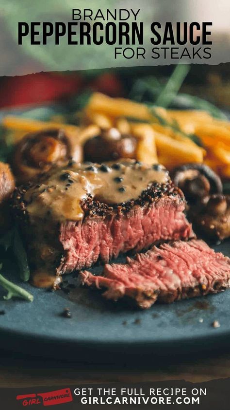 This savory peppercorn sauce is perfect for filets or other lean steaks that benefit from a mouthwatering sauce. It's quick and easy to make. This is the perfect creamy steak sauce to serve for an elevated date night dinner! Save this delicious recipe! Creamy Steak Sauce, Peppercorn Sauce For Steak, Creamy Steak, Peppercorn Sauce Recipe, Steak Toppings, Pan Seared Filet Mignon, Peppercorn Steak, Sauce For Steak, Brandy Sauce