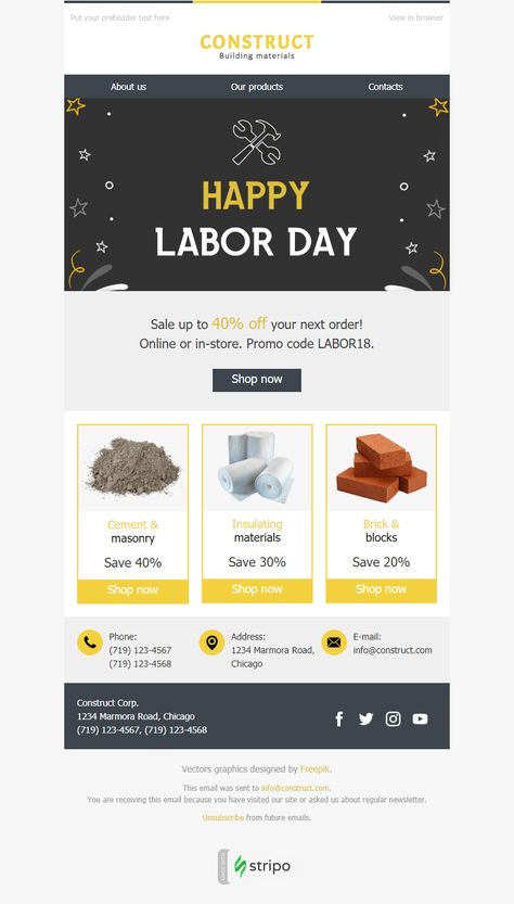 Labor Day Email Template Nice Present for Construction industry Email Sample, B2b Email Marketing, Email Marketing Templates, Free Email Templates, Html Email Design, Brick Material, Holiday Emails, Email Template Design, Responsive Email