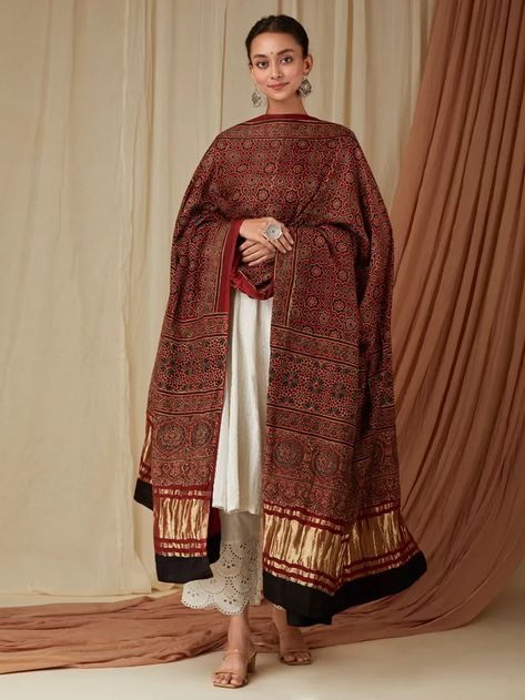 Buy Dark Brown Ajrakh Printed Modal Silk Lagdi Patta Dupatta | TLDP05/DP26SEP | The loom Modal Silk Suit Design, Ajrakh Dupatta With Kurta, Modal Silk Ajrakh Kurti, Modal Silk Kurti Designs, Lagdi Patta Dupatta, Modal Silk Dupatta, Brown Dupatta, Ajrakh Dupatta, Airport Pics