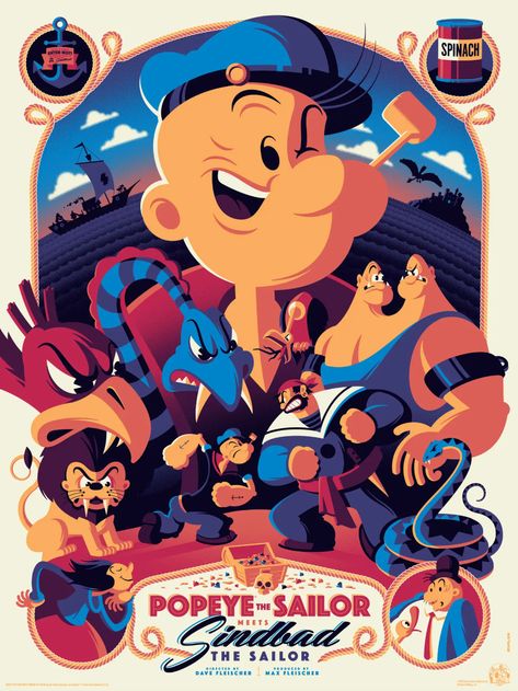 An Energetic, Colorful New Popeye Poster Definitely Ate Its Spinach Tom Whalen, Sinbad The Sailor, Popeye The Sailor Man, Disney Fanart, Disney Posters, Drawing Faces, Cartoon Posters, Poster Drawing, The Sailor