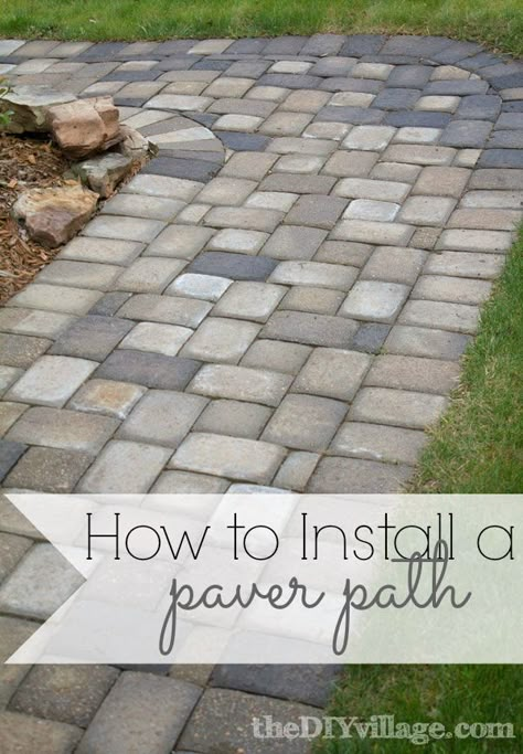 Installing a paver path can be a lot of work but is totally worth every sore muscle! Paver Walkway Designs, Paver Garden Path, Budget Curb Appeal, Paver Path, Cobblestone Walkway, Cobblestone Path, Sore Muscle, Diy Curb Appeal, Brick Patio