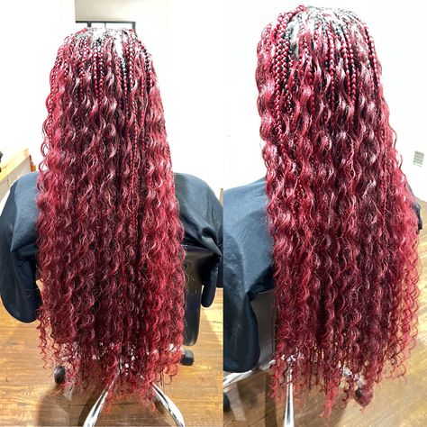 Long Red Goddess Braids, Burgundy Bohemian Braids, Maroon Goddess Braids, Red Mermaid Braids, Burgundy Knotless Braids With Curly Ends, Dark Red Goddess Braids, Bohemian Goddess Braids With Color, Red Bohemian Braids, Color Goddess Braids