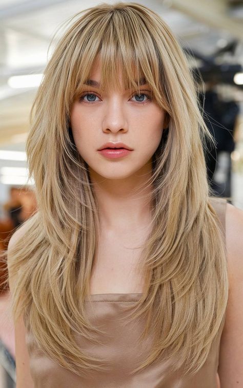 Long blonde hair with choppy layers and curtain-style long bangs. Heavy Layers With Bangs, Fringe For Long Hair, Long Straight Hair With Bangs And Layers, Heavily Layered Long Hair, Layer Hair With Bangs, Long Bangs Long Hair Layered Haircuts, Textured Bangs Long Hair, Layers Haircut With Bangs, Bangs And Layers Long Hair