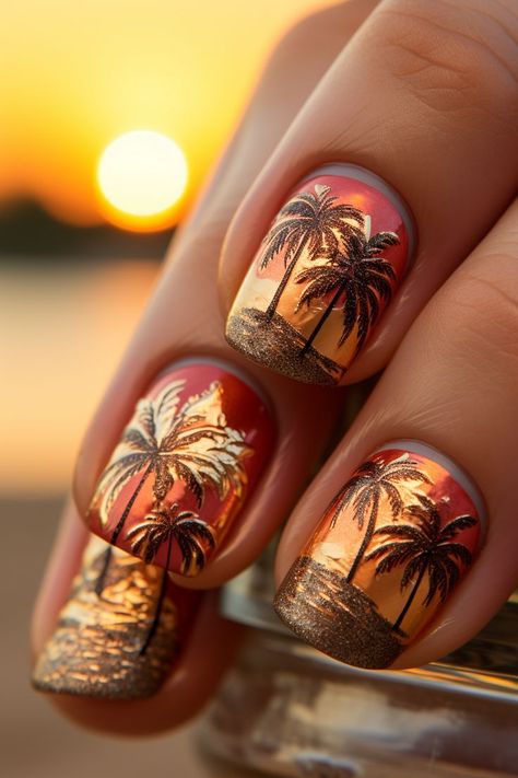 Simple Short Almond Nails, Nails Simple Short, Starfish Nails, Fingernail Ideas, Palm Tree Nail Art, Occasion Nails, Almond Shaped Nails, Neat Nails, Cruise Nails