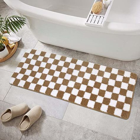 This checkered rug is the perfect way to spice up your neutral bathroom and add some visual interest to your designed space. Checkered Bathroom, Green Bathroom Rugs, Long Bath Mat, Bath Mat Runner, Bathroom Runner, Bath Runner, Bath Runner Rugs, Bathroom Runner Rug, Bathroom Tub Shower