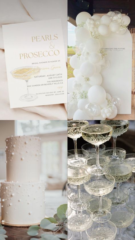 Pearl White Party Decorations, Pearl And Champagne Wedding, Pearl Themed Bachelorette Party, Sparkle Bridal Shower Ideas, Sparkly Bridal Shower Ideas, Simple Bachelorette Party Ideas Classy, Bachelorette Party Themes Pearls, Diamonds And Pearls Bridal Shower Ideas, Pearl Inspired Wedding