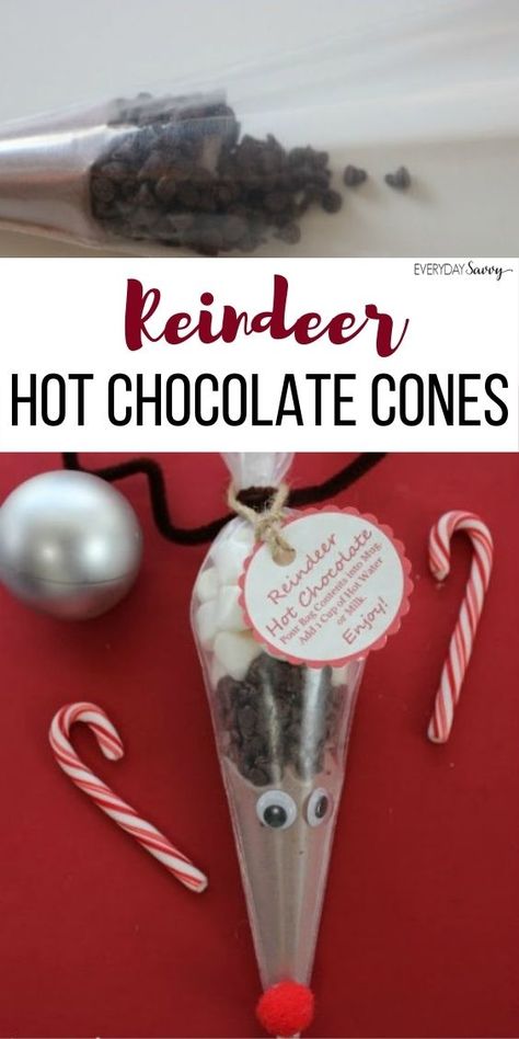 Reindeer Hot Cocoa Cones, Rudolf Hot Chocolate Cones, Hot Cocoa Reindeer Bags Diy Christmas, Hot Choc Reindeer Cones, Christmas Diy Hot Chocolate Gift, Reindeer Hot Chocolate Cones Easy Diy, Christmas Hot Chocolate Cones, Reindeer Sweet Cones, Raindeer Crafts Diy Hot Chocolate