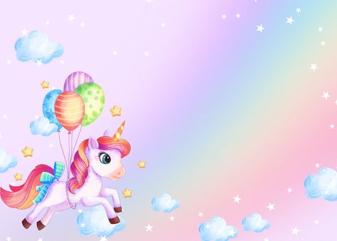 Background Design For Birthday, Unicorn Background, Clouds Background, Background Psd, Balloon Clouds, Balloon Background, Fantasy Background, Sun And Clouds, Rainbow Balloons