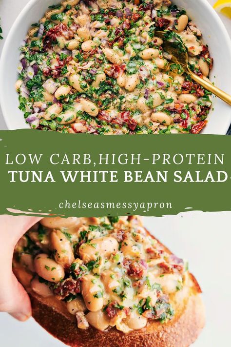 We’re totally hooked on this Tuna-White Bean Salad with sun-dried herby tomatoes, fresh Italian parsley, creamy white beans, tangy red onions, olive-oil-packed tuna, and a zippy vinaigrette! #dinner #best #quick #easy #simple #lowcarb #highprotein #tunawhitebean #salad White Bean And Tuna Salad Recipes, Easy Healthy Tuna Salad, White Bean And Tuna Salad, Tuna Couscous Salad, Tuna And White Beans, Mediterranean Tuna Recipes, White Bean Tuna Salad, Chicken Bean Salad, Fresh Tuna Salad