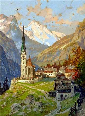 Heiligenblut overlooking the Grossglocknerby, Austria by Georg Janny - www.artnet.com Georg Janny Paintings, German Medieval, Village Artwork, Landscape Art Painting, Fantasy City, Fantasy Setting, Fantasy Places, Great Paintings, Learn Art