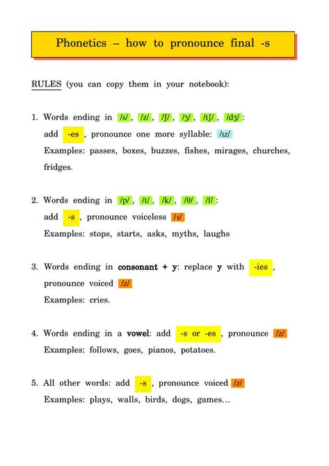 Phonetics: pronunciation of final -s worksheet Phonetics Worksheet, Pronunciation Worksheet, Final S, Simple Past Tense, Spelling Rules, Spelling Worksheets, Basic English, The Worksheet, Kids English