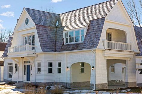 Beautiful dutch gambrel shingle-style lake cottage in Minnesota Dutch Colonial Exterior, Gambrel House, Dutch Colonial Homes, Gambrel Style, Torch Lake, Gambrel Roof, Shingle Style Homes, Colonial Exterior, Cottage Style Home