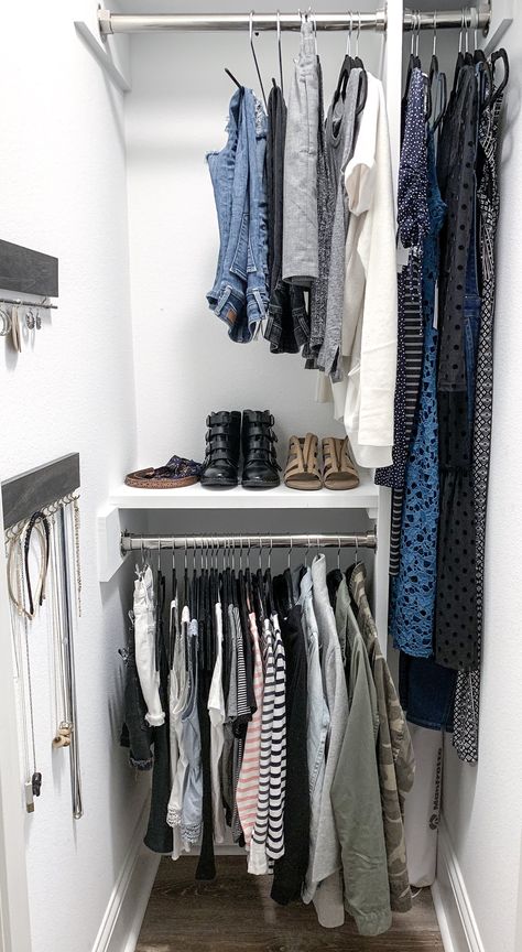 Cave Closet Solution, Small Closet Redesign, Narrow Deep Closet, Small Deep Closet Organization, Shared Closet With Husband, Long Narrow Closet Ideas, Deep Narrow Closet Ideas, Small Deep Closet, Very Small Closet Ideas Bedrooms