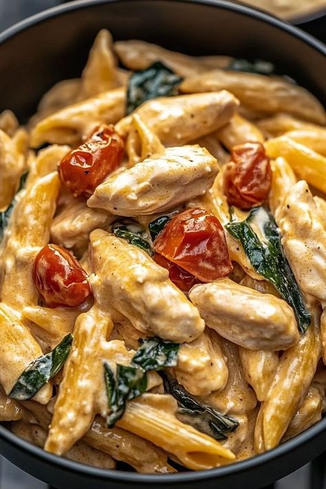 Indulge in a creamy, savory pasta dish featuring tender boneless chicken breasts, roasted garlic, and sun-dried tomatoes, all harmonized with freshly grated Parmesan cheese and vibrant spinach. This versatile recipe offers options for a spicy kick with Calabrian chili paste or a rich Tuscan twist with cream and milk. Perfect for a weeknight dinner, this dish takes just 20-45 minutes to prepare! Customize with your favorite pasta, fresh herbs, and add veggies for an extra boost. Click to discover how to whip up this delicious meal! 🍽️✨ #Recipe #PastaLove #ComfortFood #CookingAtHome