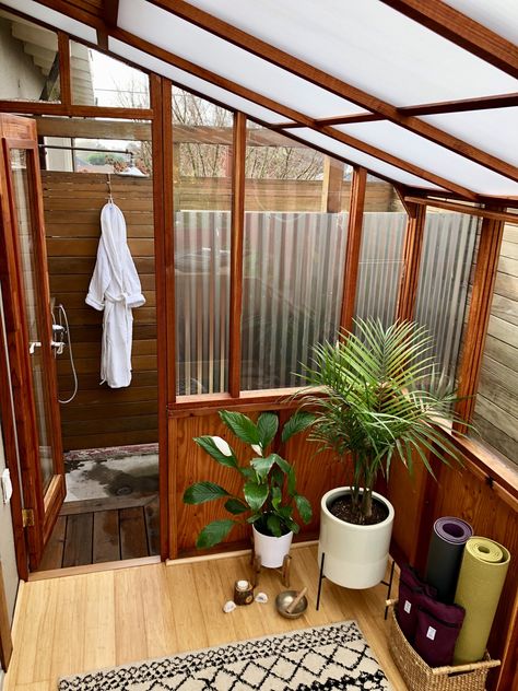 Greenhouse as yoga studio by Sturdi-Built Greenhouse Outdoor Greenhouse Bathroom, Yoga Studio Greenhouse, Sauna In Greenhouse, Tiny Home Greenhouse, Greenhouse Bathroom Ideas, Greenhouse Yoga Studio, Yoga Greenhouse, Backyard Bathhouse, Outside Bathroom Ideas Backyards