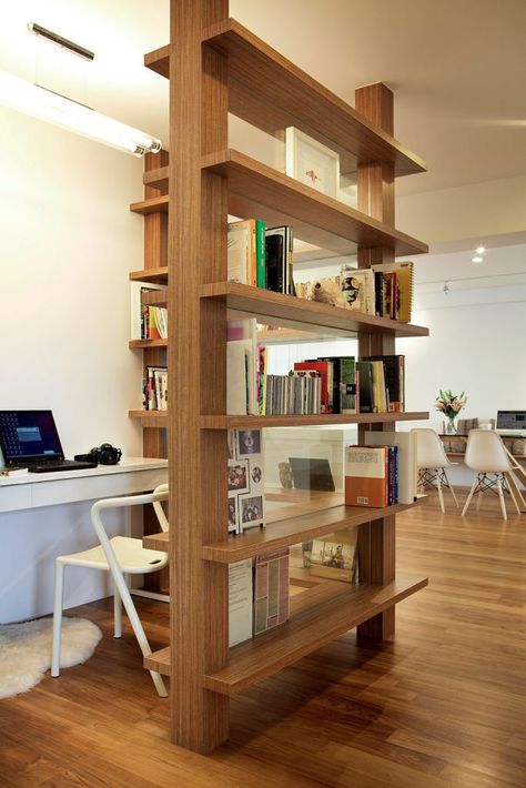 11 Stunning Room Dividers that Prove Open Concept is Overrated | Renovation Singapore Open Concept Office, Bookshelf Room Divider, Loft Apartment Decorating, Office Room Dividers, Weaving Studio, Room Divider Shelves, Beautiful Bookshelf, Open Bookshelves, Open Concept Living Room