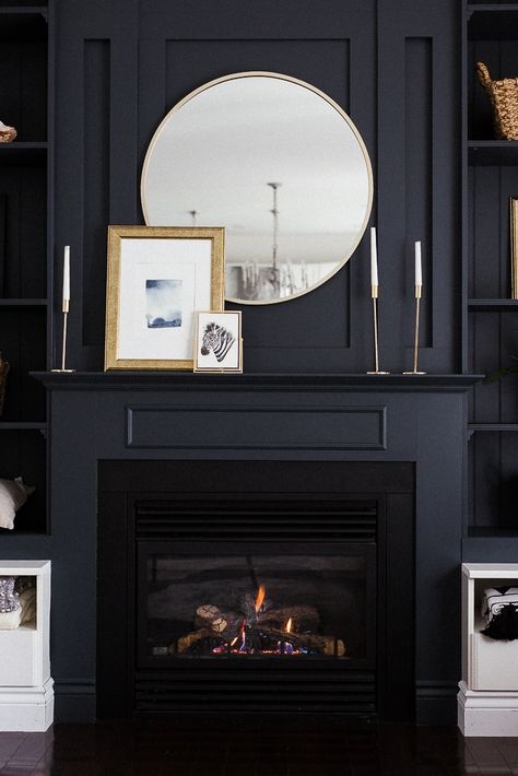 Beautiful ideas and inspiration that feature accent walls with fireplaces as part of the design. Which idea will be perfect for your living room? Black Fireplace Wall, Salon Art Deco, Fireplace Accent Walls, Black Feature Wall, Paint Fireplace, Black Fireplace, Apartment Decoration, Fireplace Remodel, Wallpaper Accent Wall