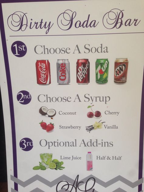 Dirty Soda Bar! Super cute idea for a wedding reception! Just have the guests pick what they would like! Soda Bar Sign Wedding, Soda Bar For Wedding, Diy Dirty Soda, Soda Pop Recipes, Soda Party Ideas, Diy Italian Soda Bar, Soda Drink Bar, Soda Bar Menu Printable, At Home Soda Bar