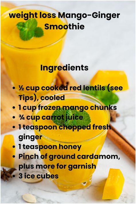 Yellow mango-ginger smoothie garnished with mint, with fresh ingredients nearby. Mango Ginger Smoothie, Cooking Red Lentils, Ginger Smoothie, Mango Chunks, Carrot Juice, Mango Smoothie, Smoothie Ingredients, Red Lentil, Fresh Ginger