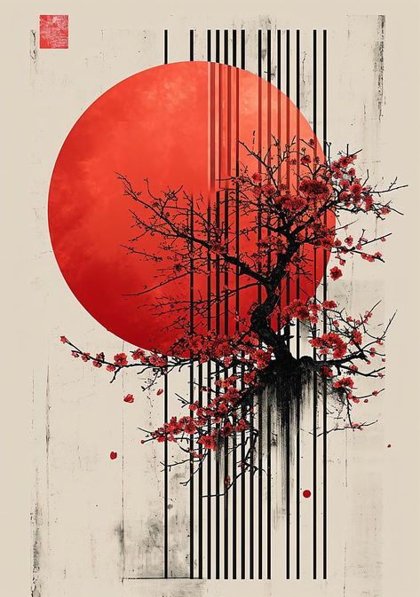 Bonsai Tree Painting, Ink Tattoo Design, Red Tattoo Ideas, Red Ink Tattoo, Naruto Painting, Japanese Art Modern, Birch Tree Art, Zen Painting, Japanese Pop Art