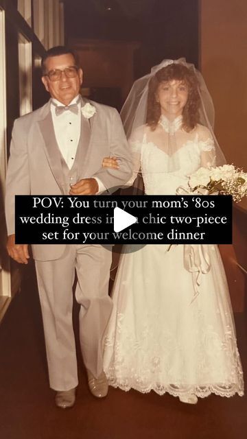 BRIDES on Instagram: "Can you believe that this chic two-piece set was made from her mom’s 40-year-old wedding dress? 🤍 See the original ‘80s bridal look and details on the transformation at the link in bio. 👰‍♀️ 📷+🎥: @devlambur" Flash Mob Wedding, Old Wedding Dresses, Spousal Bella Wedding Dress 1983 Zur, Two Piece Sets, Bridal Looks, Two Piece, Wedding Dress, Canning, The Originals