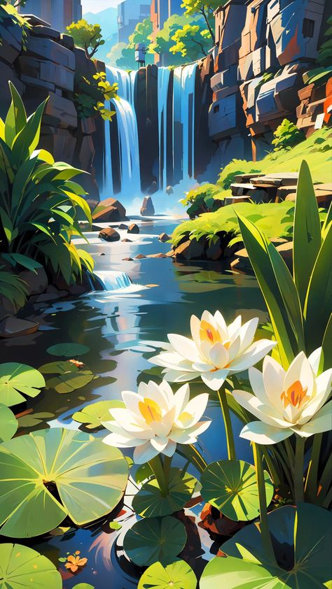 Space Wall Painting, Pond Drawing, Waterfall Drawing, Lotus Flower Art, Watercolor Paintings Nature, Digital Painting Techniques, Digital Art Beginner, Flowers Color, Deep Art