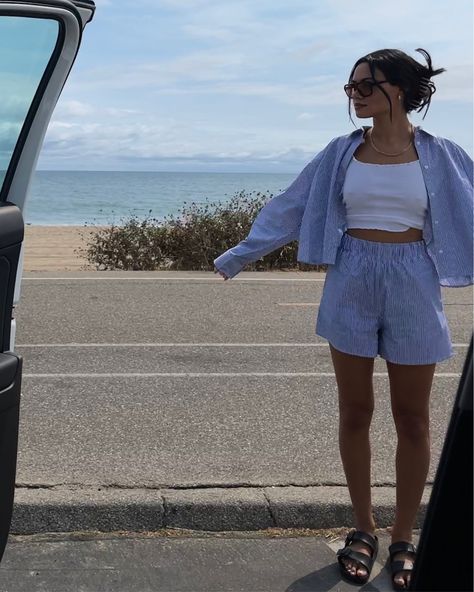 Poplin Shorts curated on LTK Striped Shirt With Shorts, Summer Outfit Relaxed, Cute Summer Outfits Shorts And Shirt, Striped Short Outfits, Poplin Shorts Outfit, Striped Shirt And Shorts Outfit, Striped Shorts Outfits, Blue Pinstripe Shorts Outfit, Blue And White Shorts Outfit