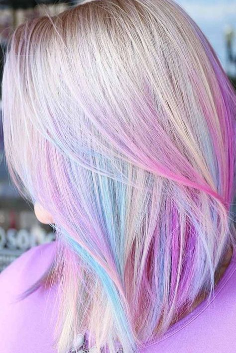 Pastel Hair Colors Short, Peep A Boo Hair Color, Pastel Multicolor Hair, Blonde Hair With Fun Colors, Vivid Hair Color Ideas Blondes, Fun Hair Color Ideas For Blondes Trends, Blonde Hair With Color Peekaboos, Unicorn Hair Dye, Unicorn Hair Color