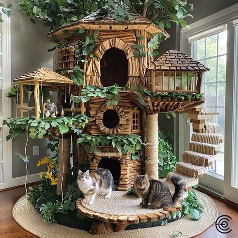 Elevate your feline friend’s playtime with the Giant Treehouse Inspired Cat Tree, a marvel of whimsical design and feline functionality. Crafted to mimic the enchanting allure of an actual treehouse, this multi-tiered structure boasts a lush faux foliage canopy, sturdy natural wood platforms, and cozy hideaways that cater to your cat’s every need. Conceptual AI Art Follow @ecosapiens for more! Mushroom Cat Trees, Castle Cat Tree, Cute Cat Trees, Whimsical House Decor, Cat Diy Projects, Cute Cat House, Diy Cat Stuff, Cat Room Ideas, Cute Cat Tree