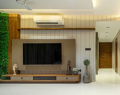 Residential Interior | Charcoal Hues Design Studio | Surat - Interiorlover Main Hall Tv Unit Design, Tv Cabinate, Simple Tv Unit, Tv Unite, Tv Unit Cabinet, Lcd Unit, Almirah Design, Lcd Wall, Lcd Units