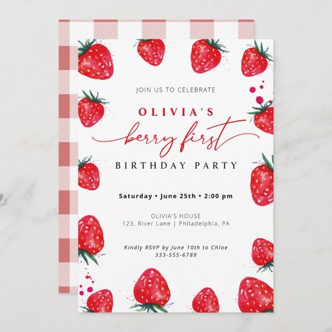 First Birthday Spring, Berry First Birthday Invitation, Berry Birthday, Picnic Invitations, Summer Birthday Invitations, Summer Invitation, 16 Invitations, Berry First Birthday, Strawberry Birthday