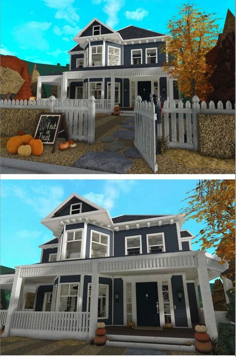 Big Bloxburg House Exterior, Cozy Two Story House, 1 Story Fall House Bloxburg, Cottage In Bloxburg, Bloxburg House Extior Ideas, Cute Winter Bloxburg Houses, Bloxburg House Layouts 2 Story Fall, Sims Fall House, 70k Bloxburg House Layout