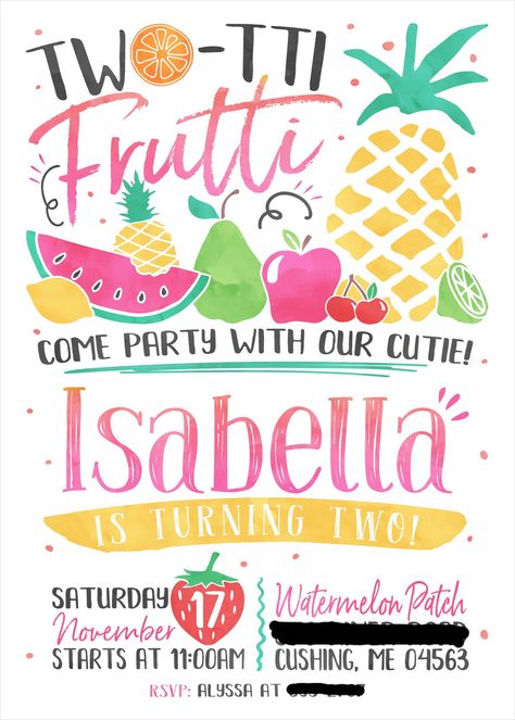 Tutty Fruity Birthday Party, Twotti Fruity Invitation, Tutti Frutti Birthday Party Invitations, Twoti Fruiti Birthday Party Invitation, Twotti Fruity Party Invitation, Tooti Fruity Birthday Party, Twotti Fruity Party Outfit, Twotti Fruitti Birthday Party Girl, Two Ti Fruiti Party Ideas Diy