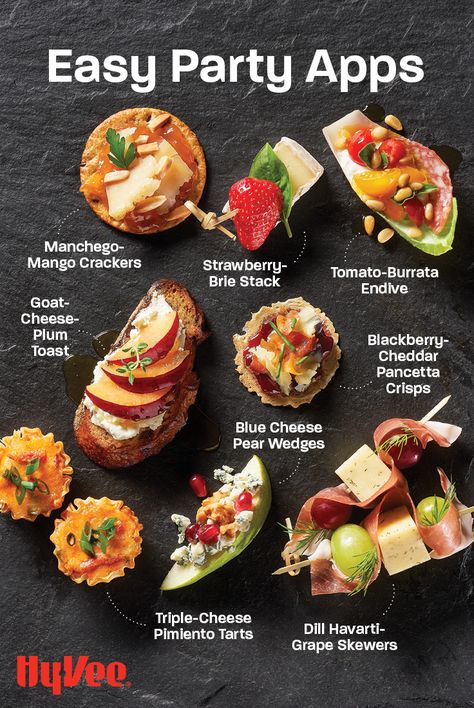 Planning a special holiday meal for a small gathering or the family? Make it an appetizer night with your favorite cheeses! We love these simple pairing ideas that make declicious bites. Find all of these recipe ideas and shop for everything you need at Hy-Vee.com. Appetizer Recipes Classy, Appetizer And Drink Pairings Parties, Canapes Ideas Appetizers Simple, Canape Recipes Easy, Wine Snacks Appetizers Simple, Appetizer Recipes For Restaurant, Party Canapes Small Bites, Mini Tapas Ideas, Cheese Ideas Appetizers