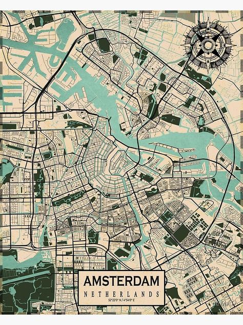 "Amsterdam City Map of Netherlands - Vintage" Poster by deMAP | Redbubble Amsterdam City Map, City Maps Illustration, Urban Mapping, Amsterdam Map, Netherlands Map, Maps Aesthetic, City Layout, Map Vintage, Map Wallpaper