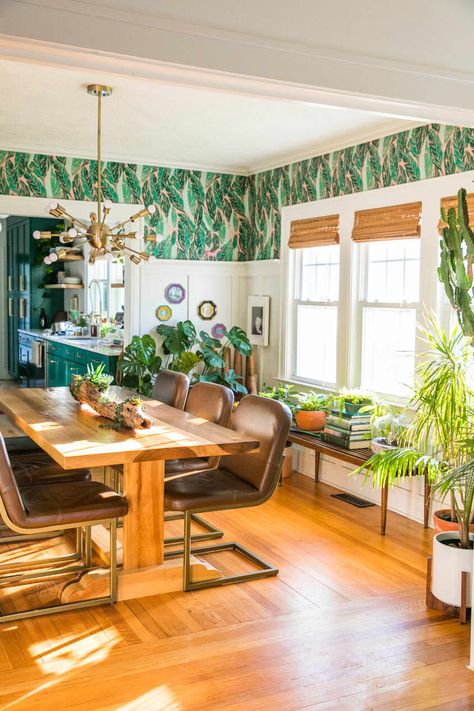 Jessica Brigham, Bohemian Apartment, Bungalow Interior, Bohemian Glam, Green Kitchen Cabinets, Dining And Living Room, Craftsman Bungalows, Chair Rail, The Dining Room