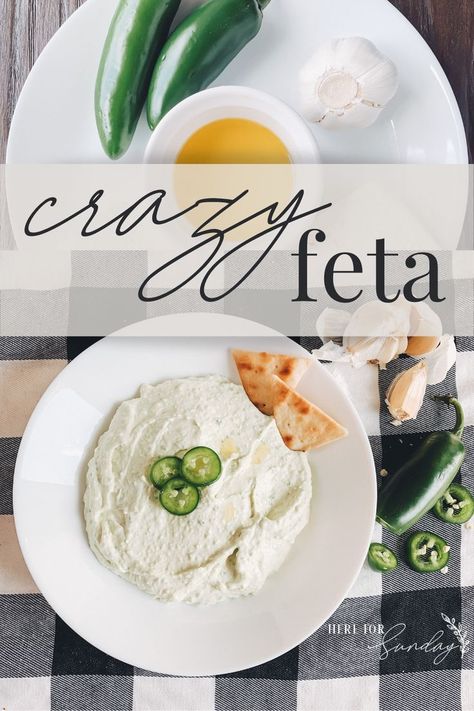 overhead picture of crazy feta and plate of ingredients: jalapeno, garlic, olive oil, feta, and cream cheese Crazy Feta Cava Recipe, Cava Restaurant Recipes, Cava Crazy Feta, Cava Recipe, Cava Copycat, Crazy Feta, Sunday Snacks, Spring Dinners, Feta Recipe