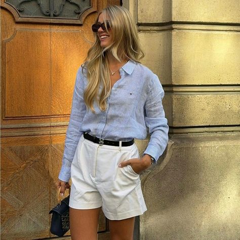 Tommy Hilfiger Outfits Women Summer, Old Money Classy Outfits, Tommy Hilfiger Outfits Women, Tommy Hilfiger Outfits, Old Money Classy, Linen Shorts Outfit, Classy Old Money, Garden Party Outfit, Classy Summer Outfits