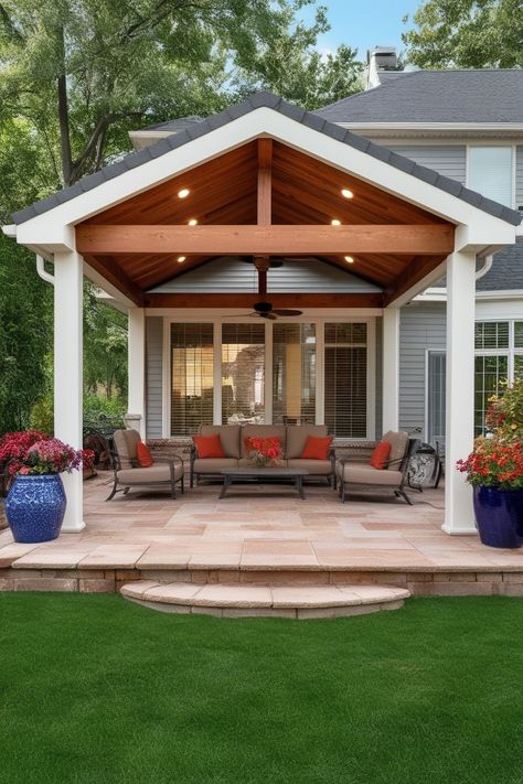 Top 25 Patio Roof Ideas to Transform Your Outdoor Space » Comfy Ideas Gable Roof Covered Patio, Roof Extended Over Patio, Hip Roof Patio Cover, Backyard Covered Seating Area, Covered Patio Backyard Ideas, Gable Covered Patio, Add On Patio Roof, Gable Back Porch Patio, Covered Patio Roof Ideas