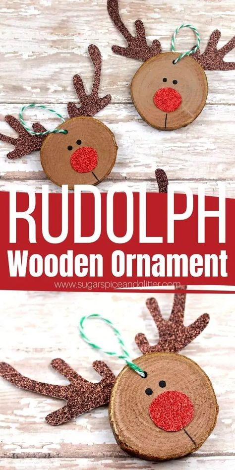 Diy Ornaments Reindeer, Christmas Ornaments Diy 2nd Grade, Crafts From Wood Slices, Diy Ornament Wood Slice, Wood Slice Ornament Kids Diy, Fun Christmas Ornaments For Kids, Diy Wood Ornaments Kids, Christmas Crafts Wood Slices, Wood Disc Ornaments Kids