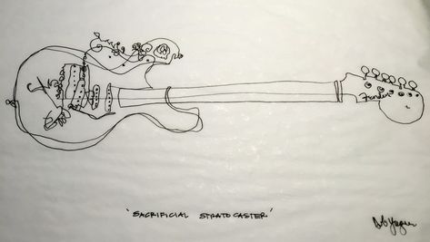 "Sacrificial Stratocaster" debyager original  blind contour drawing Jimi Hendrix famous guitar Guitar Inspired Tattoos, Guitar Hero Tattoo, Stratocaster Tattoo, Jimi Hendrix Drawing, Contour Tattoo, Hendrix Tattoo, Electric Guitar Drawing, Jimi Hendrix Tattoo, Music Related Tattoos