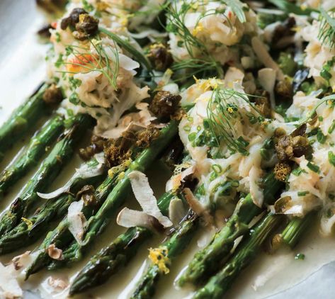 Crab And Asparagus, Crispy Capers, Capers Recipe, Savory Sides, Garlic Breadsticks, Christmas Meal, Dungeness Crab, Surf And Turf, Crab Recipes