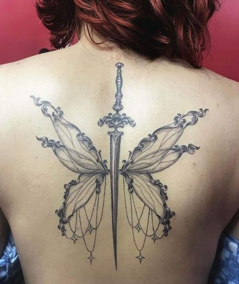 Tattoos Wings Back, Fair Wing Tattoo, Fairy Back Tattoo Wings, Faerie Wing Tattoo, Fairy Spine Tattoos For Women, Celtic Fairy Tattoo, Fairy Wing Spine Tattoo, Anime Back Tattoo Women, Gothic Fairy Wings Tattoo