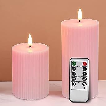 Eywamage Pink Ribbed Flameless Pillar Candles with Remote, Flat Top Flickering Real Wax LED Battery Candles Φ 3" H 4" 6" #barbie #barbiecore #pinkinteriors #pinkdecor #barbiestyle #luxury #pink #pinkhomedecor #homedecorbarbie #barbiehouse Tall Pillar Candles, Led Taper Candles, Flameless Candle Set, Square Candles, Battery Candles, Led Pillar Candle, Led Tea Lights, Flameless Led Candles, Electric Candles