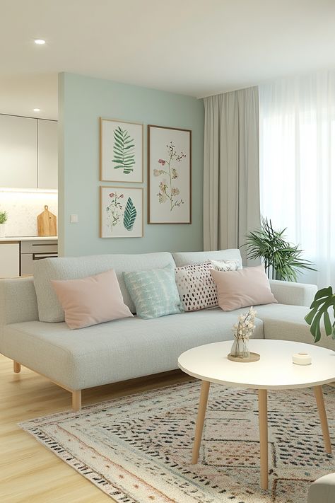 Discover the perfect blend of comfort and style with this modern living room decor. Featuring a pastel color palette, cozy cushions, and chic botanical wall art, it's designed to create a relaxing ambiance. #LivingRoomDecor #HomeInspiration #ModernDesign Soft Pastel Living Room, Mint Green Walls Living Room, Seafoam Green Living Room, Mint Green Living Room Ideas, Living Room Pastel Colors, Bright Modern Living Room, Mint Green Color Palette, Mint Living Rooms, Living Room Pastel