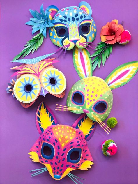 4 Printable Paper Alebrije Masks: Bold Animal Mask Designs Coloring in Black and White Mask Templates to Printout & Make by Happythought. - Etsy Chile Mexican Masks Folk, Alebrije Costume, Owl Mask Diy, Mexican Arts And Crafts, Mexican Sculpture, Autumn Waldorf, Owl Alebrije, Animal Masks Diy, Mask Rabbit