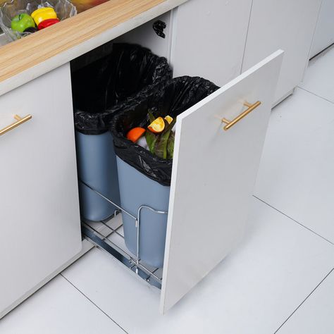 VEVOR Pull-Out Trash Can, 35L Double Bins, Under Mount Kitchen Waste Container with Soft-Close Slide - Wayfair Canada Recycling Bins Kitchen, Pull Out Trash Cans, Garbage Recycling, Trash Containers, Messy Kitchen, Waste Container, Kitchen Trash Cans, Tidy Kitchen, Kitchen Waste