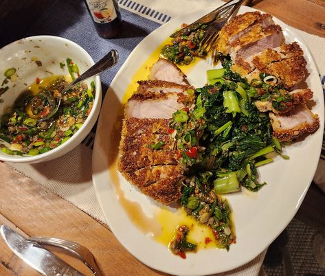 Pork alla Milanese with Braised Greens, Roasted Potatoes & "Salsa Verde" Salsa Verde Italian Recipe, Pork Milanese Recipe, Italian Salsa, Cook Pork Chops, Cooking Fresh Pasta, Pork Milanese, Milanese Recipe, Braised Greens, Recipe Pork