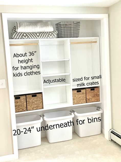 Double Wide Closet Ideas, Diy Nursery Closet Shelves, Lower Closet Storage, Shared Nursery Closet, Clothes And Toys Closet, Master Closet Nursery, Shelves In Small Closet, Kids Closet System Ideas, Kids Closet With Toy Storage