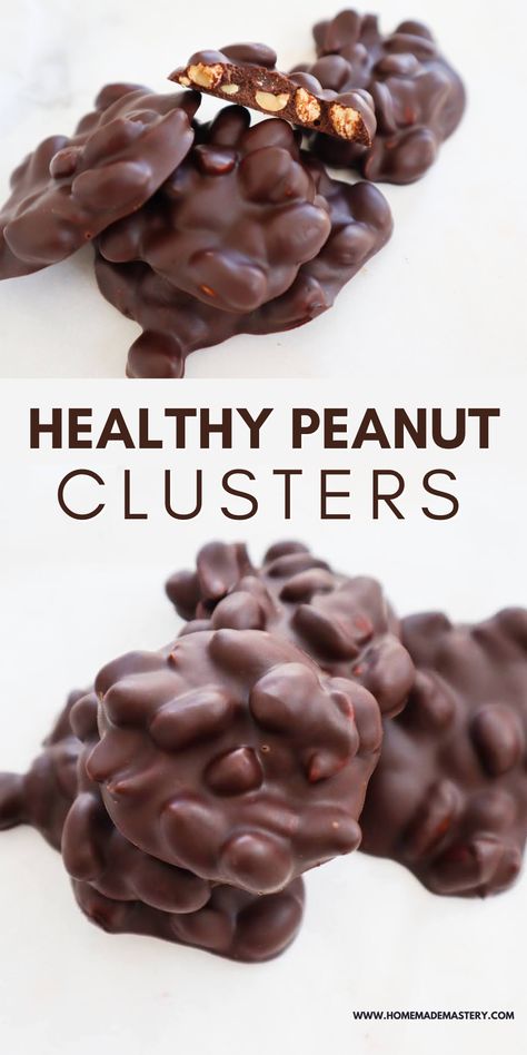 Chocolate Peanut Butter Frozen Yogurt Clusters, Dark Chocolate Nut Clusters Healthy, Peanut And Chocolate Clusters, Healthy Snacks For Chocolate Craving, Peanut Recipes Desserts, Healthy Sweet Snacks Chocolate, Healthy Chocolate Nut Clusters, Healthy Nut Clusters, Peanut Recipes Healthy